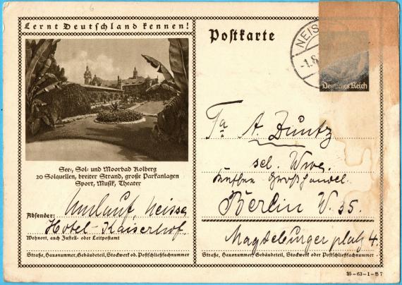 Postkarte geschäftlicher Art an " Fa. A. Zuntz sel. Wwe., Kaffee Großhandel ", Berlin W. 35, Magdeburger Platz 4  -  versandt am 1. August 1935