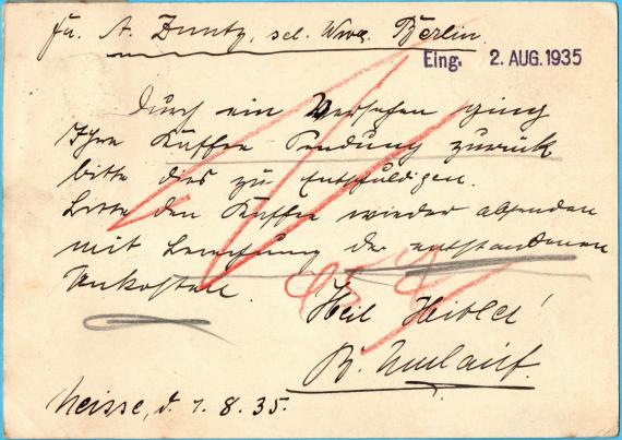 Postkarte geschäftlicher Art an " Fa. A. Zuntz sel. Wwe., Kaffee Großhandel ", Berlin W. 35, Magdeburger Platz 4  -  versandt am 1. August 1935  -  Kartenrückseite