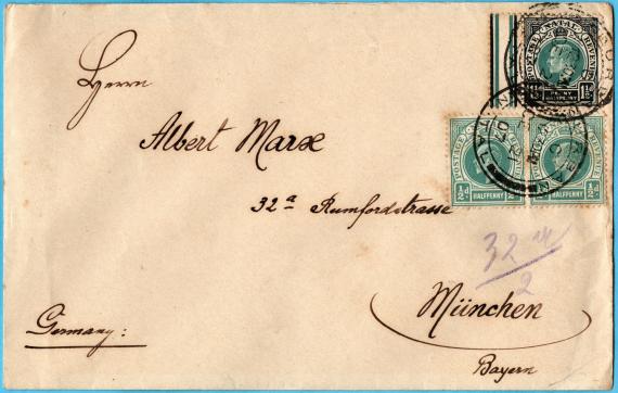 Briefumschlag an Herrn " Albert Marx, Rumfordstr. 3a, München "  - versandt am 21. Dezember 1907 von " Liebermann,Bellstedt & Co. in Durban, Südafrika .