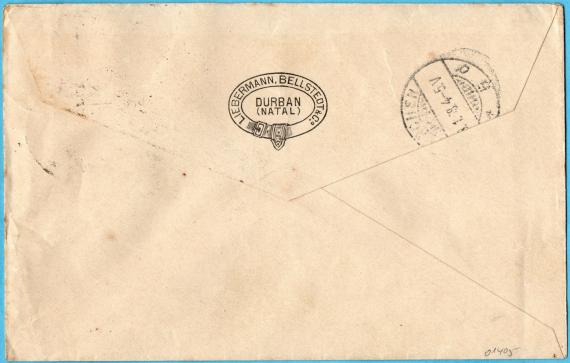 Briefumschlag an Herrn " Albert Marx, Rumfordstr. 3a, München "  - versandt am 21. Dezember 1907 von " Liebermann,Bellstedt & Co. in Durban, Südafrika .  -  Briefumschlag - Rückseite