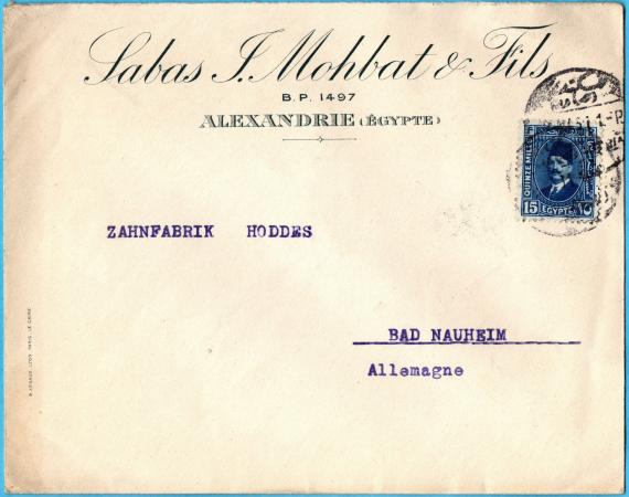 Envelope to " Zahnfabrik Hoddes, Bad Nauheim, Allemagne " - sent in 1931 from Alexandrie - Egypt