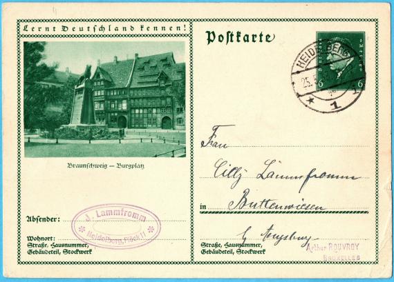 Private postcard from "Jonas Lammfromm, Plöck 11, Heidelberg " - sent to his mother on May 25, 1933