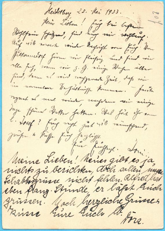Private postcard from "Jonas Lammfromm, Plöck 11, Heidelberg " - sent to his mother on May 25, 1933 - back of card