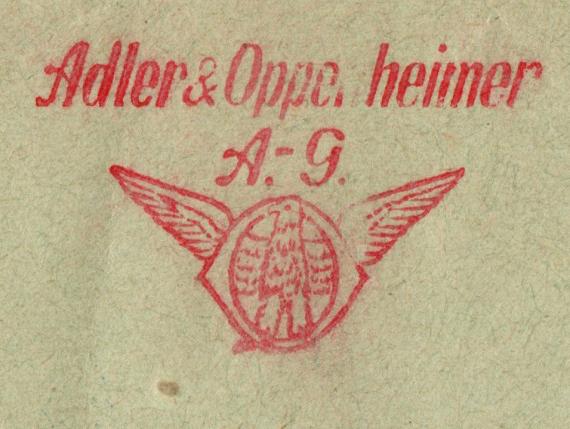 Envelope " Adler & Oppenheimer, Aktiengesellschaft, Berlin C 2, Neue Friedrichstraße 2 " - mailed on April 29, 1930 - detail enlargement of company logo