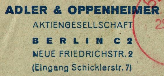 Envelope " Adler & Oppenheimer, Aktiengesellschaft, Berlin C 2, Neue Friedrichstraße 2 " - sent on April 29, 1930 - detail enlargement of company address