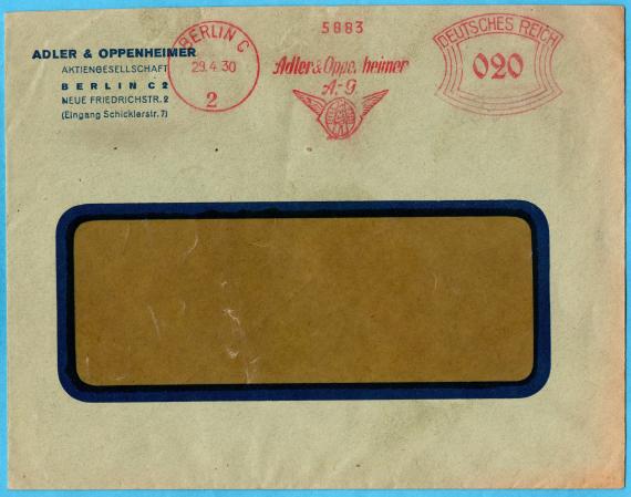 Envelope " Adler & Oppenheimer, Aktiengesellschaft, Berlin C 2, Neue Friedrichstraße 2 " - sent on April 29, 1930