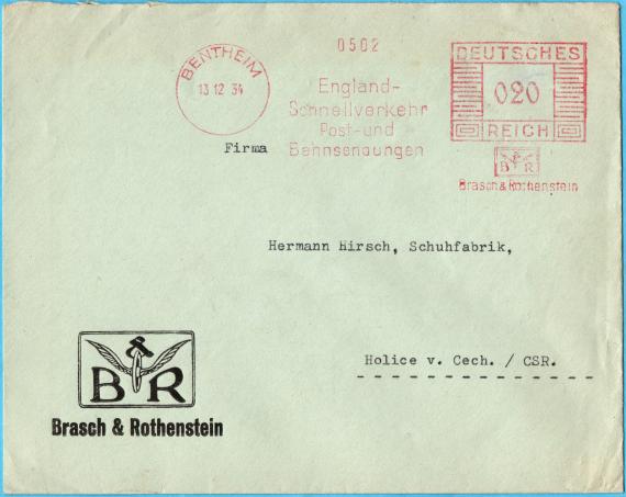 Geschäftsbriefumschlag " Brasch & Rothenstein "  - versandt am 13. Dezember 1934 