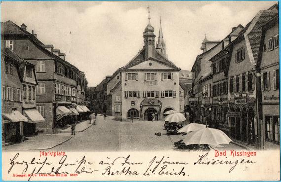 Historical picture postcard Bad Kissingen - market square - with " Weinstube- und Restaurant Julius Morck " - sent on July 13, 1904