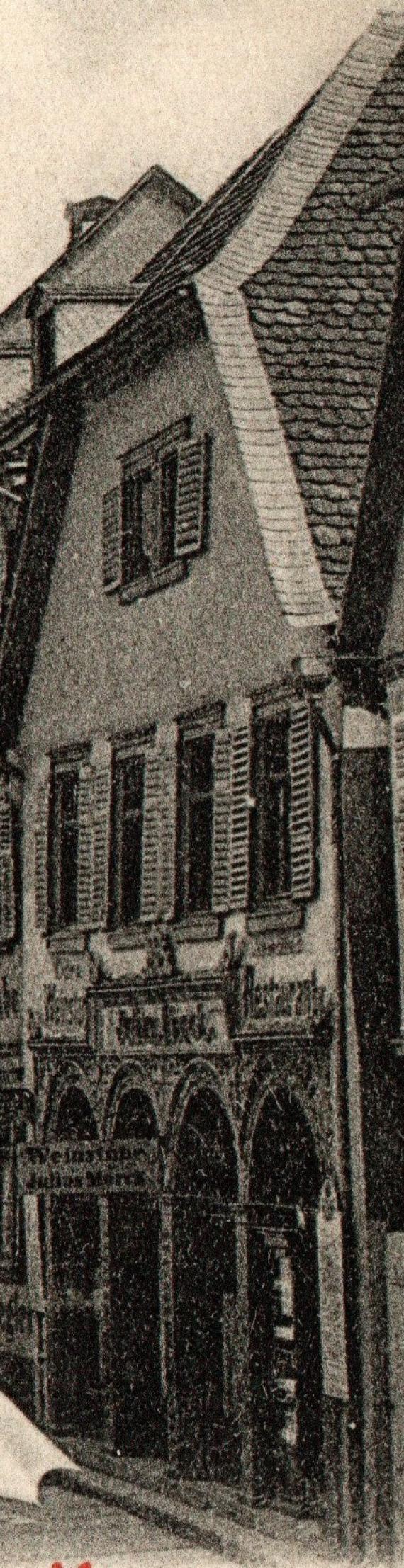 Historical picture postcard Bad Kissingen - market place - with " Weinstube- und Restaurant Julius Morck " - sent on July 13, 1904 - detail enlargement " Weinstube- Und Restaurant Julius Morck "