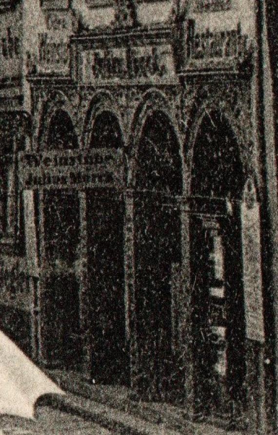 Historical picture postcard Bad Kissingen - market place - with " Weinstube- und Restaurant Julius Morck " - sent on July 13, 1904 - detail enlargement " Weinstube- Und Restaurant Julius Morck "