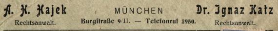 Briefumschlag - " Rechtsanwalt A. H. Hajek  -  Rechtsanwalt Dr. Ignaz Katz, München, Burgstr. 9 II " -  versandt am 22. Juni 1907  -  Ausschnittvergrößerung Kanzlei-Adresse