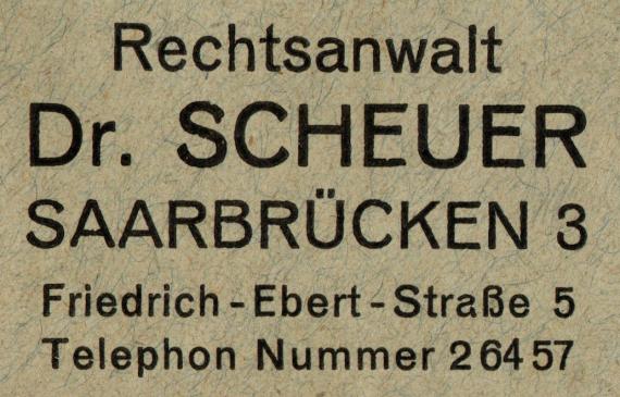 Briefumschlag " Rechtsanwalt Dr. Scheuer, Saarbrücken, Friedrich-Ebert-Straße 5 " - versandt am 12. April 1935  -  Ausschnittvergrößerung Adresse
