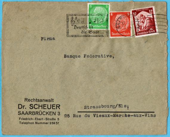 Briefumschlag " Rechtsanwalt Dr. Scheuer, Saarbrücken, Friedrich-Ebert-Straße 5 " - versandt am 12. April 1935 