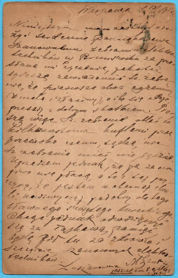 Postkarte an Herrn " Henryk Rabinowicz, Techn. Hochschule, Braunschweig " - versandt am 13. Mai 1895 von Warschau  nach Braunschweig  -  Kartenrückseite