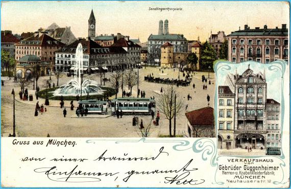 Historische Ansichtskarte München - Gruss aus München - mit " Verkaufshaus Gebrüder Guggenheimer, Herren- u. Knabenkleiderfabrik, München, Neuhauserstr.12 "  - versandt am 3. Dezember 1904  