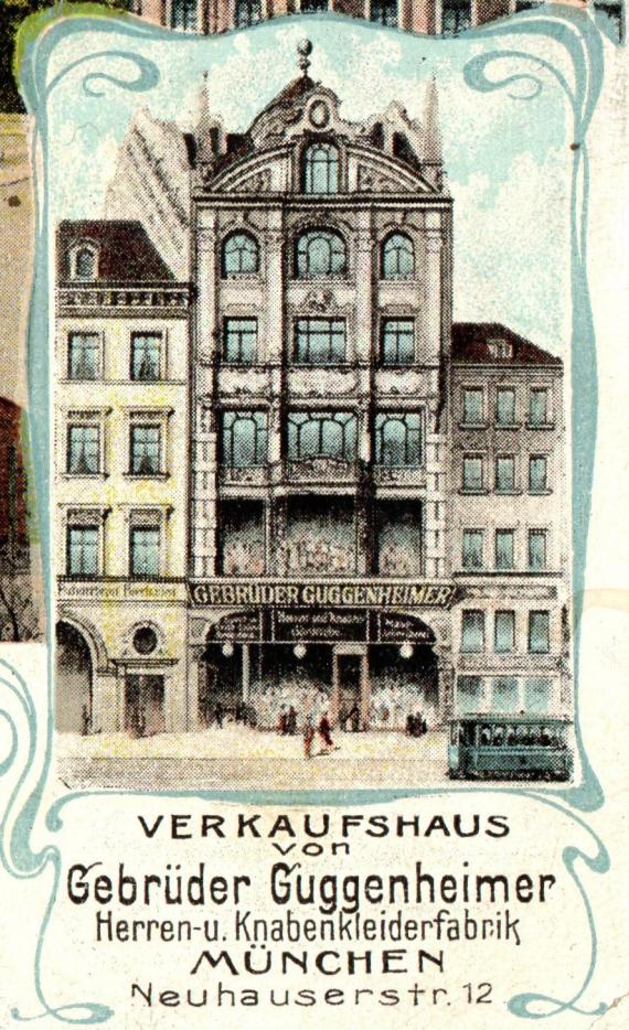 Historische Ansichtskarte München - Gruss aus München - mit Verkaufshaus " Gebrüder Guggenheimer "  - versandt am 3. Dezember 1904  -  Ausschnittvergrößerung Verkaufshaus Gebrüder Guggenheimer