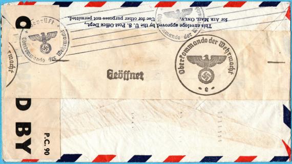 Briefumschlag (Zensurpost) an Frau " Elise Rheinhold, Yorkstr. 7/I, Hannover " - versandt am 16. Februar 1941 von " E. Edelstein, Coldspring, Baltimore " - Briefumschlag-Rückseite