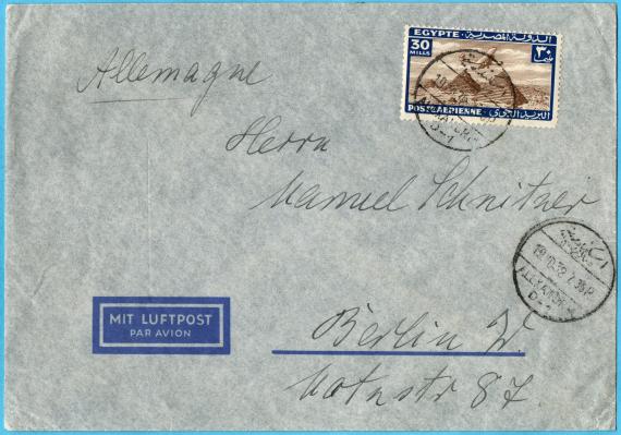 Luftpostbrief an Herrn " Manuel Schnitzer, Berlin W., Motzstraße 87 "  -  versandt am 19. Oktober 1938 von Alexandria nach Berlin