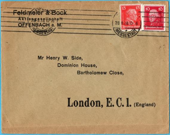Geschäfts-Briefumschlag " Feldmeier & Bock, Aktiengesellschaft, Offenbach a. M.  -  versandt am 28. August 1928  nach London