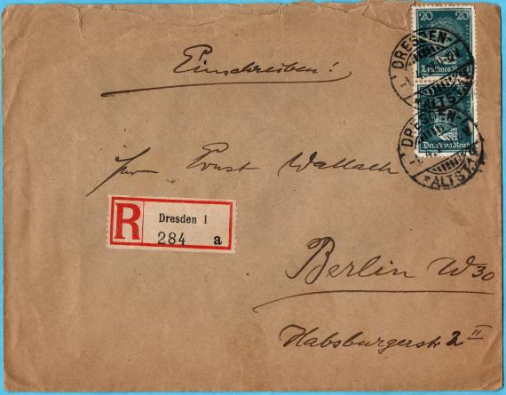 Briefumschlag an Herrn " Ernst Wallach, Berlin W 30, Habsburgerstr. 2 II " - versandt per Einschreiben am 1. April 1927 von Dresden nach Berlin