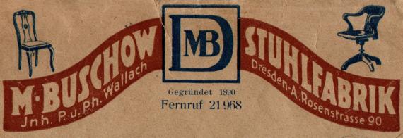 Briefumschlag an Herrn " Ernst Wallach, Berlin W 30, Habsburgerstr. 2 II " - versandt am 1. April 1927  -  Briefrückseite - Ausschnittvergrößerung - Firmenlogo " Stuhlfabrik M. Buschow, Inh. P. u. Ph. Wallach "