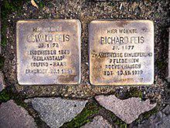 Stolpersteine am Marktplatz Deidesheims für die Brüder Oswald und Richard Feis Stumbling Stones on Deidesheim's Market Square for the Brothers Oswald and Richard Feis