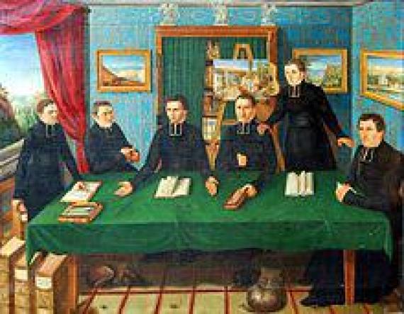 Franz Xaver Leidinger (1810-1890): Conference of Pastor Philipp Schmitt (3rd from left) with fellow ministers from the Saar Valley (1843, 84 cm x 63 cm, Rectory Beckingen).