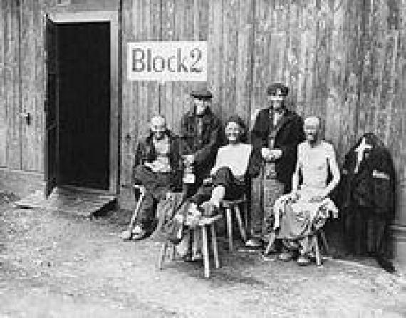 Concentration camp prisoners in front of barrack 2 in Hannover-Ahlem concentration camp