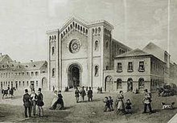 Mannheim main synagogue from 1855 (lithograph by Jakob Ludwig Buhl)