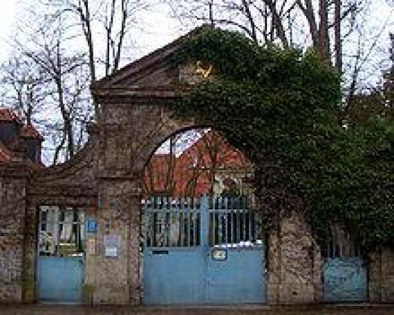 Stone entrance gate with light blue doors, gilded Star of David on top