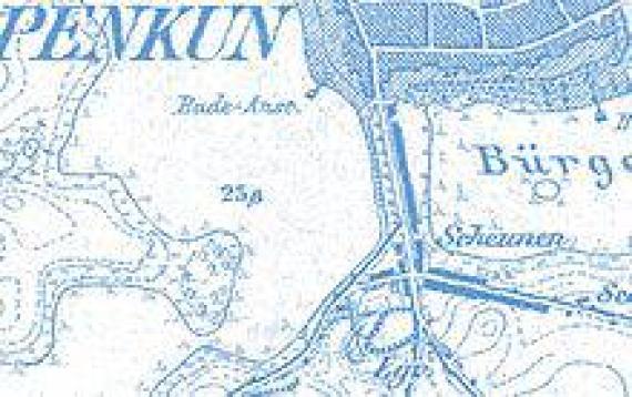 Jüdischer Friedhof Penkun 1880 - Mitte unten über Mühle und Lehmgrube