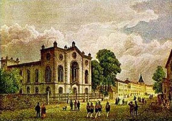 The synagogue in Kassel built by Albrecht Rosengarten in 1839 (steel engraving by G.M. Kurz)