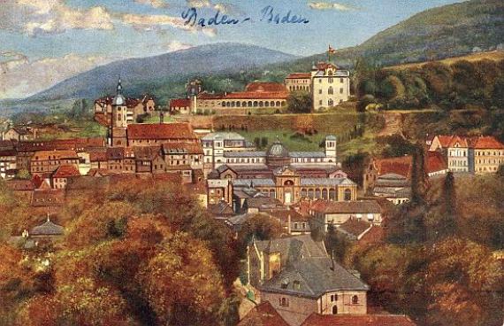 The synagogue on a colored postcard before 1938 (building in the foreground)