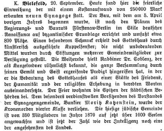 Report on the dedication of the synagogue in the Allgemeine Zeitung des Judentums of 29.9.1905