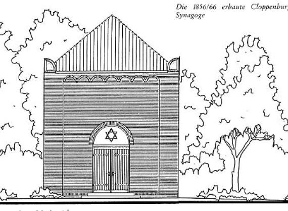 Zeichnung der 1856/66 erbauten Cloppenburger Synagoge: Eingangsseite (von Norden) Zeichnung der 1856/66 erbauten Cloppenburger Synagoge: Eingangsseite (von Norden)