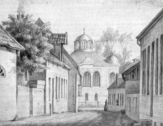 Bleistiftzeichnung der Synagoge in Jever (um 1900)