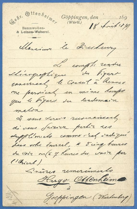 Geschäftspostkarte der Gebrüder Ottenheimer, Baumwollen & Leinen - Weberei, - versandt am 18. August 1899 - Kartenrückseite