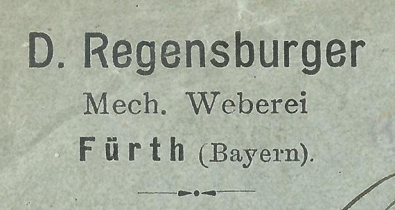 D. Regensburger - Mechanische Weberei Fürth - Ausschnittsvergrößerung Firmenbriefumschlag aus dem Jahr 1910