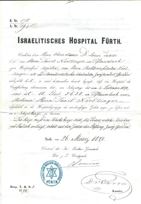 Schreiben „Israelitisches Hospital Fürth"  vom 26. März 1871