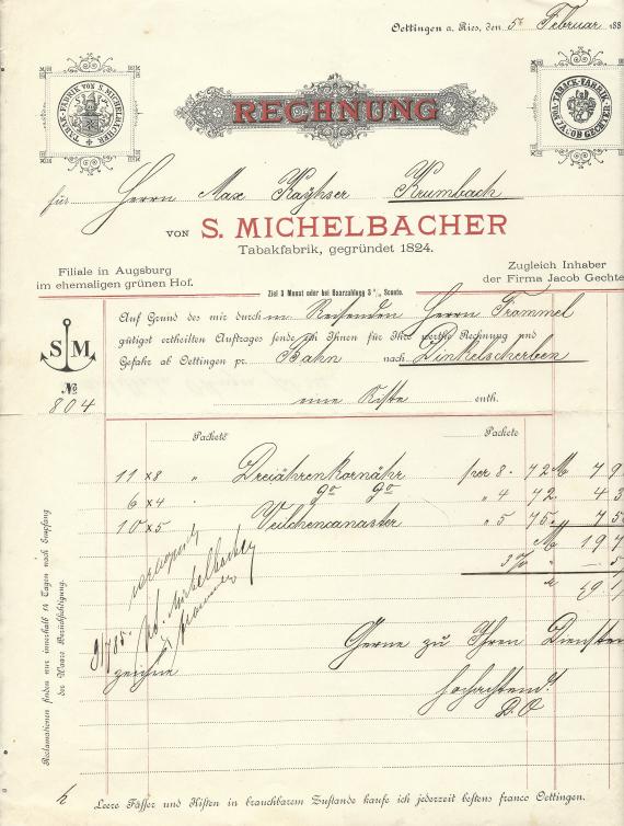 Invoice of the tobacco factory S. Michelbacher