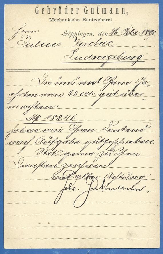 Geschäfts-Postkarte der Mechanischen Buntweberei Gebrüder Gutmann, versandt am 26. Februar 1890