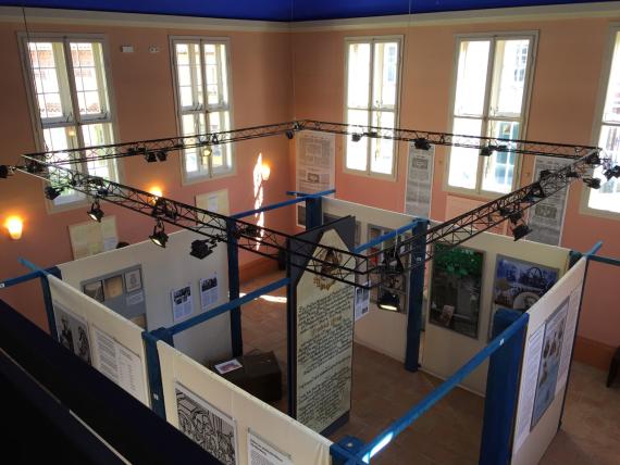 View of the interior of the former synagogue in Röbel/Müritz with the permanent exhibition "Jewish History in Mecklenburg