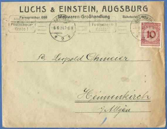 Geschäfts-Briefkuvert der Webwaren-Großhandlung " Luchs & Einstein, - versandt am 6. Juni 1924