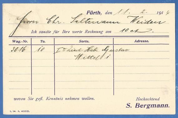 Geschäftspostkarte von S. Bergmann, versandt am 11. Februar 1914 - Kartenrückseite