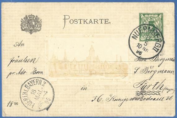 Gruß-Postkarte von Theodor Bergmann an seine Frl. Flora Bergmann, pr. Adresse S. Bergmann, versandt am 17. Mai 1896