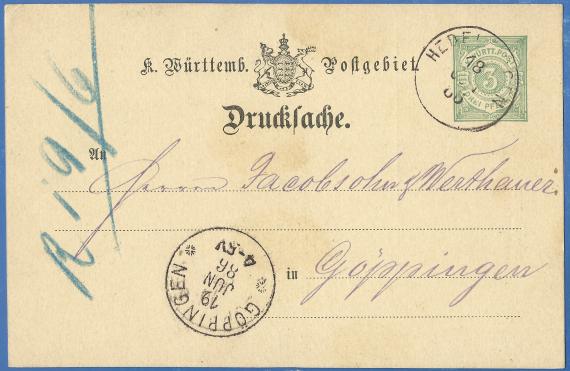 Postkarte geschäftlicher Art an Jacobsohn & Werthauer, versandt am 18. Juni 1886 - Kartenvorderseite