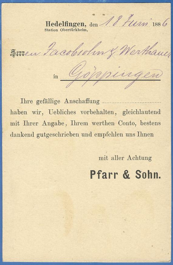 Postkarte geschäftlicher Art an Jacobsohn & Werthauer, versandt am 18. Juni 1886 - Kartenrückseite