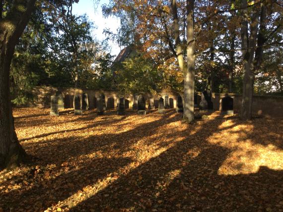 View over the cemetery wall of the Jewish cemetery Ellwangen