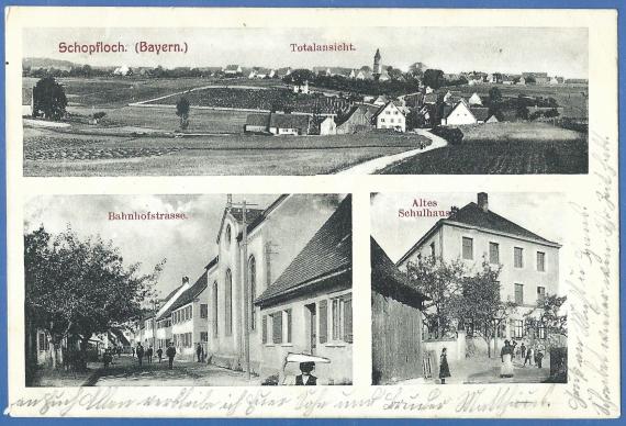 3-picture postcard of Schopfloch, Bahnhofstraße with synagogue, mailed on 8.9.1909