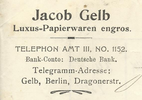 Jacob Gelb - luxury paper goods engros - letterhead from company invoice dated September 23, 1900